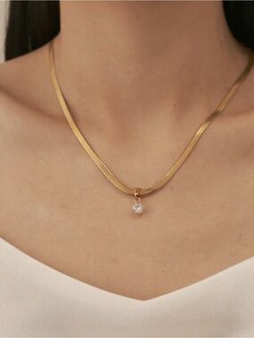 18K Gold Non Tarnish Round CZ Herringbone Necklace (3114)